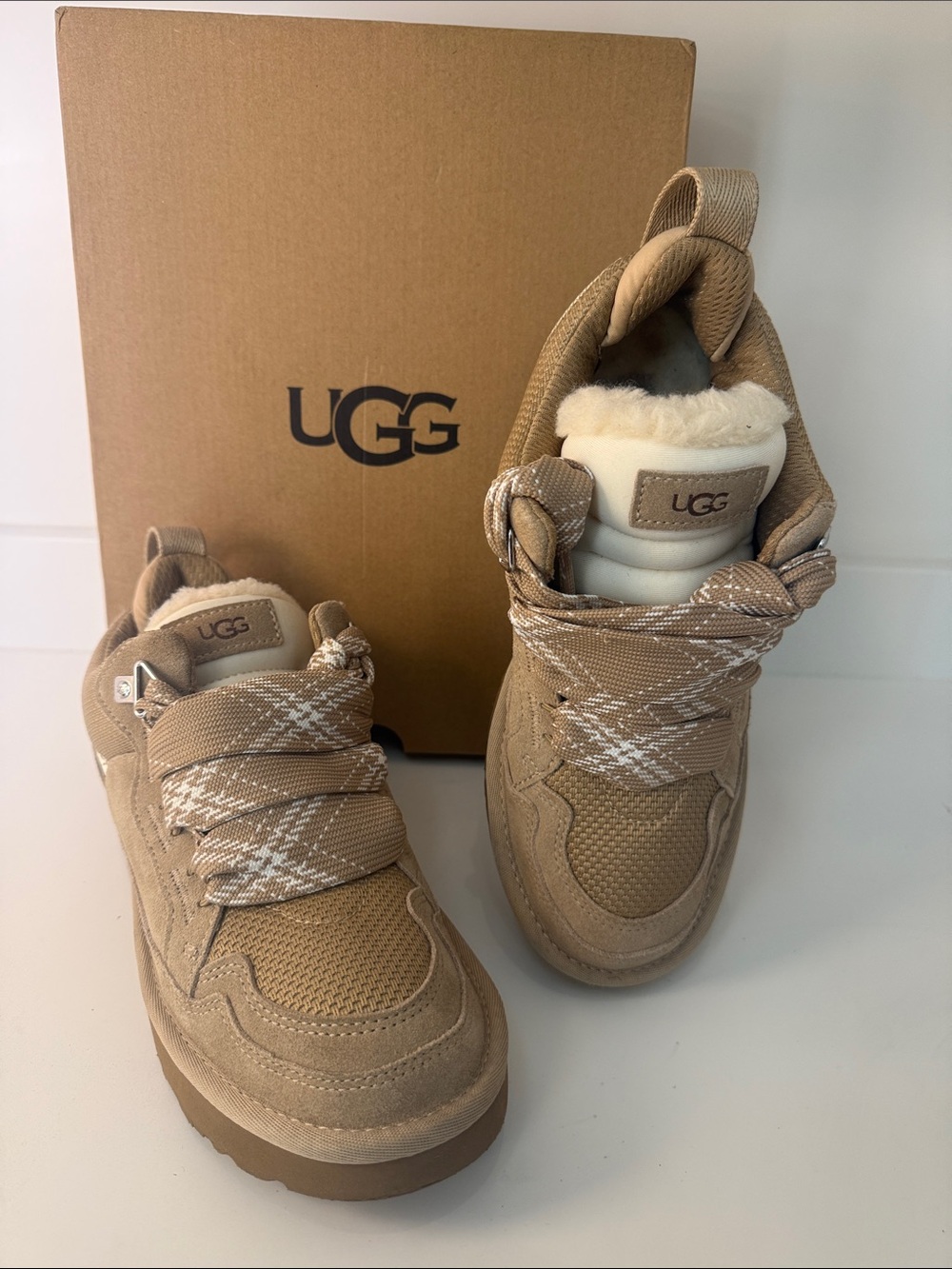 UGG LowMel Sand Shearling-Lined High-Top Sneakers in Own Box - Size 8